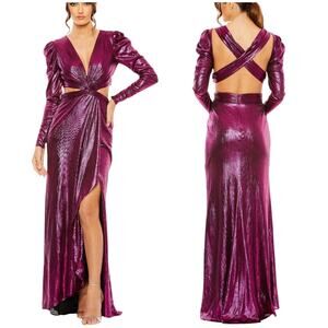 Mac Duggal NWT Purple Princess Sleeve Cut Out Metallic Gown V-neck Size 14